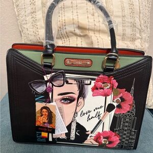 Nicole Lee Black and Green Satchel with Artistic Design